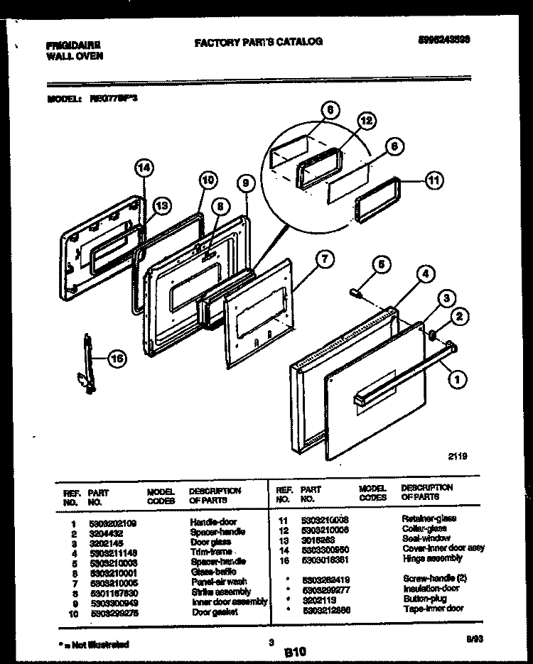 DOOR PARTS Diagram and Parts List for REG77BF3  Frigidaire Wall Oven