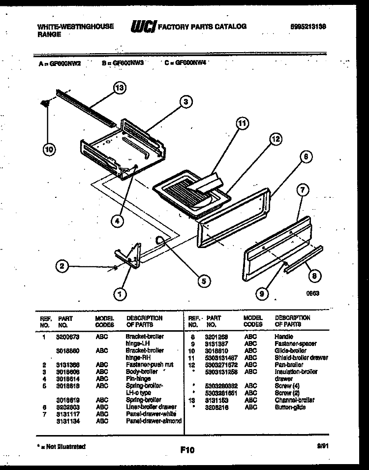 BROILER DRAWER PARTS Diagram and Parts List for GF600ND4  Frigidaire Range