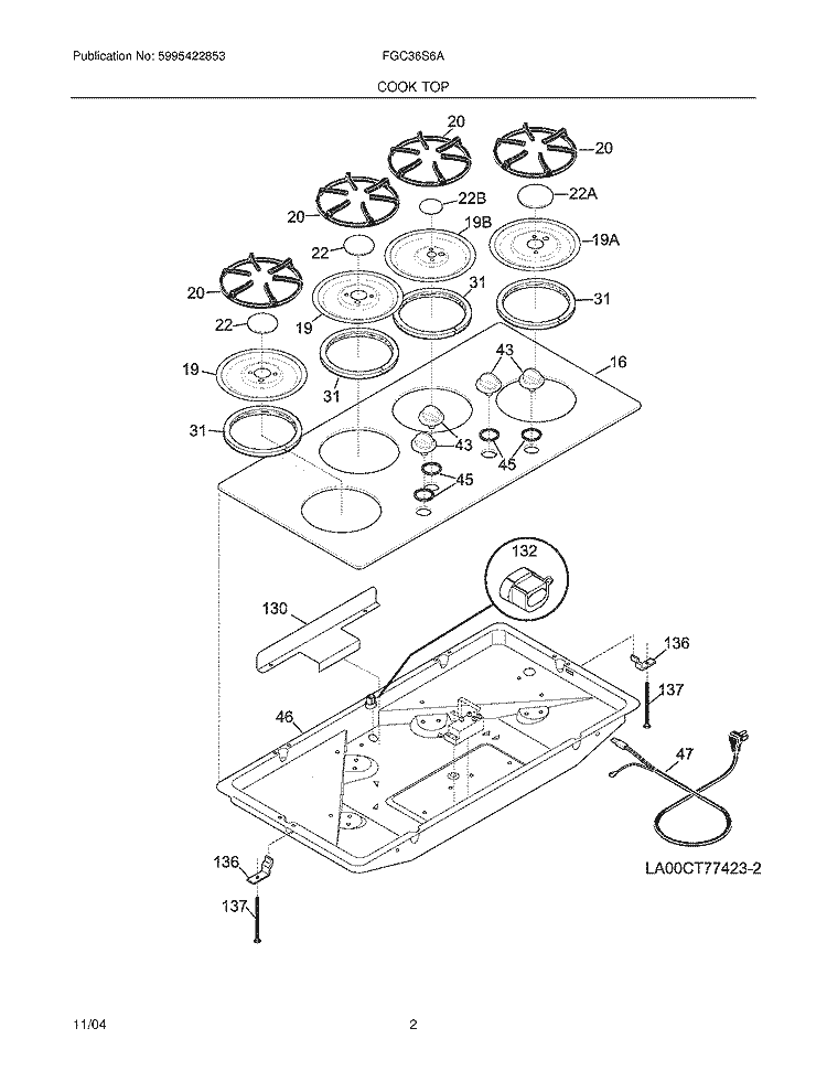 MAINTOP Diagram and Parts List for FGC36S6ABC  Frigidaire Cooktop
