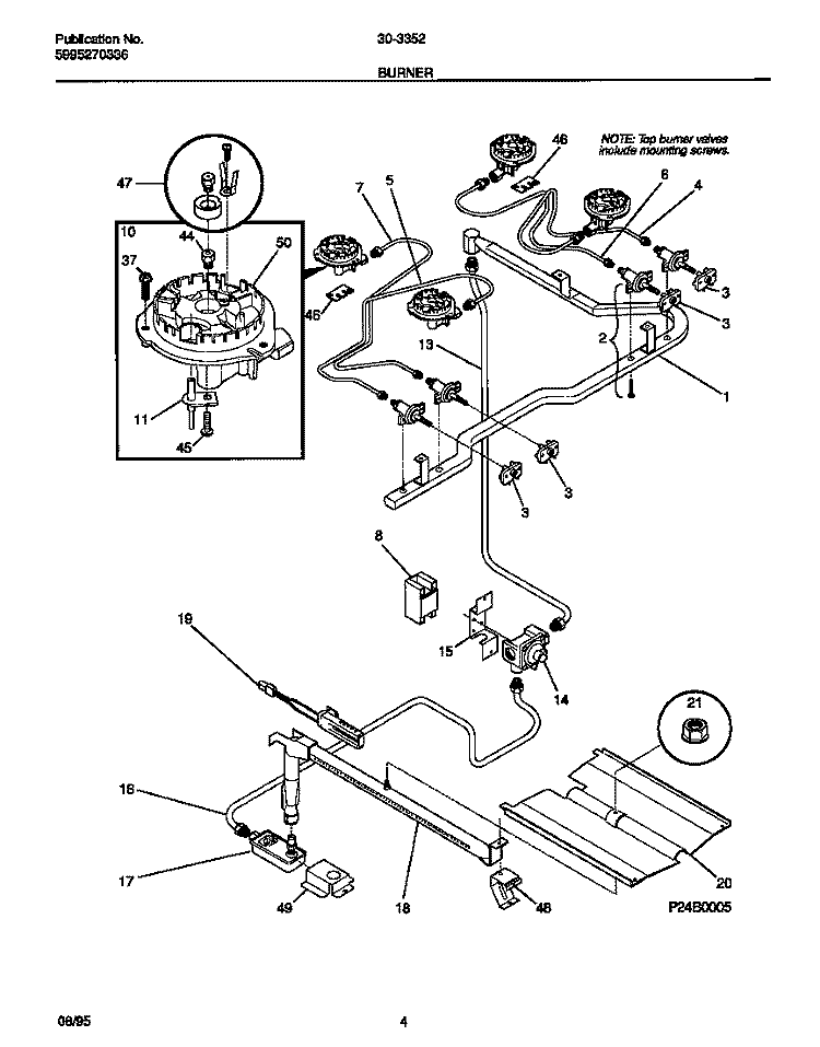 BURNER Diagram and Parts List for 30-3352-00-04  Tappan Range
