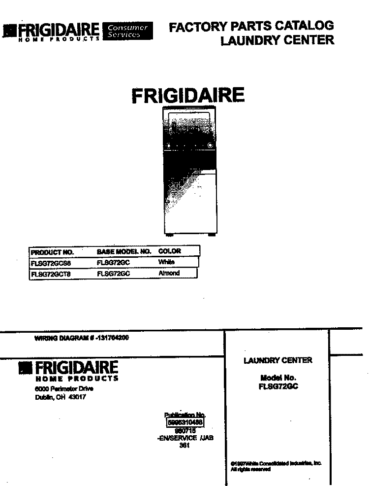 COVER Diagram and Parts List for FLSG72GCS8  Frigidaire Washer Dryer Combo