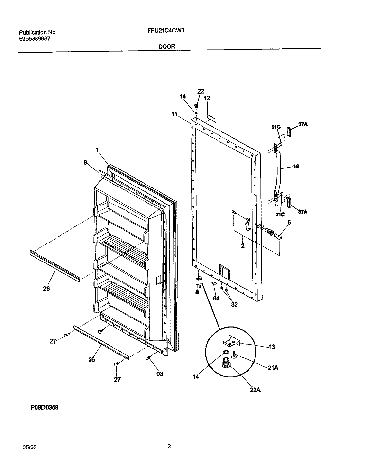 DOOR Diagram and Parts List for FFU21C4CW0  Frigidaire Freezer