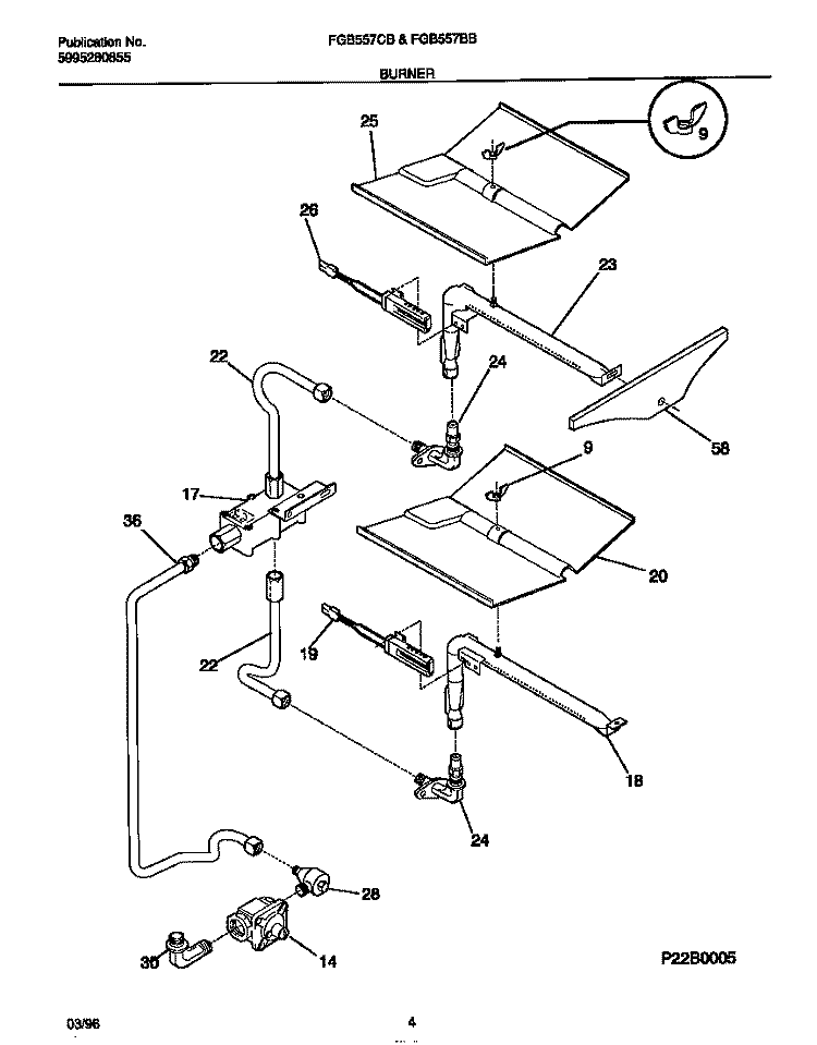 BURNER Diagram and Parts List for FGB557CBSD  Frigidaire Wall Oven