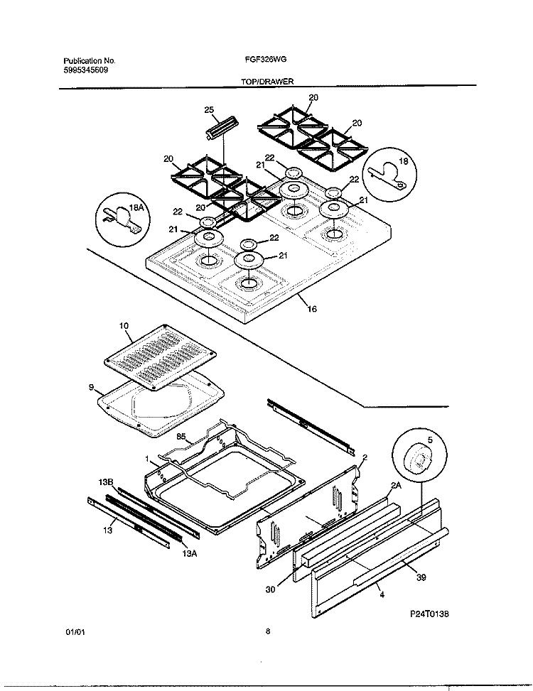 TOP / DRAWER Diagram and Parts List for FGF326WGSGTH  Frigidaire Range