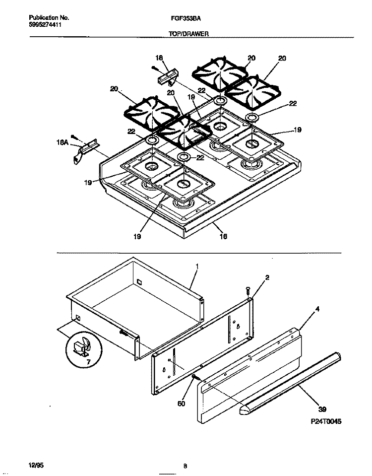 TOP / DRAWER Diagram and Parts List for FGF353BADB  Frigidaire Range