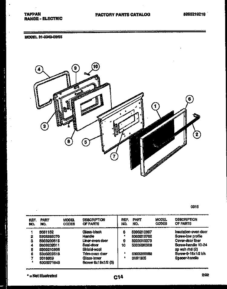 DOOR PARTS Diagram and Parts List for 31-3349-00-05  Tappan Range