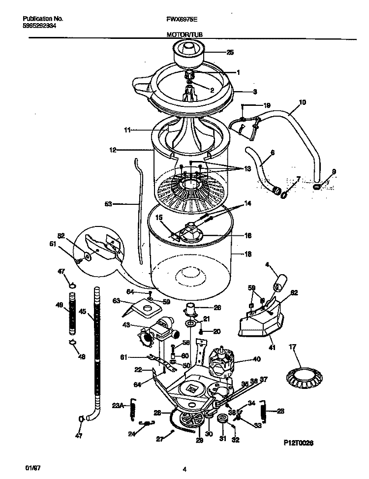 MOTOR / TUB Diagram and Parts List for FWX6975EW1  Frigidaire Washer