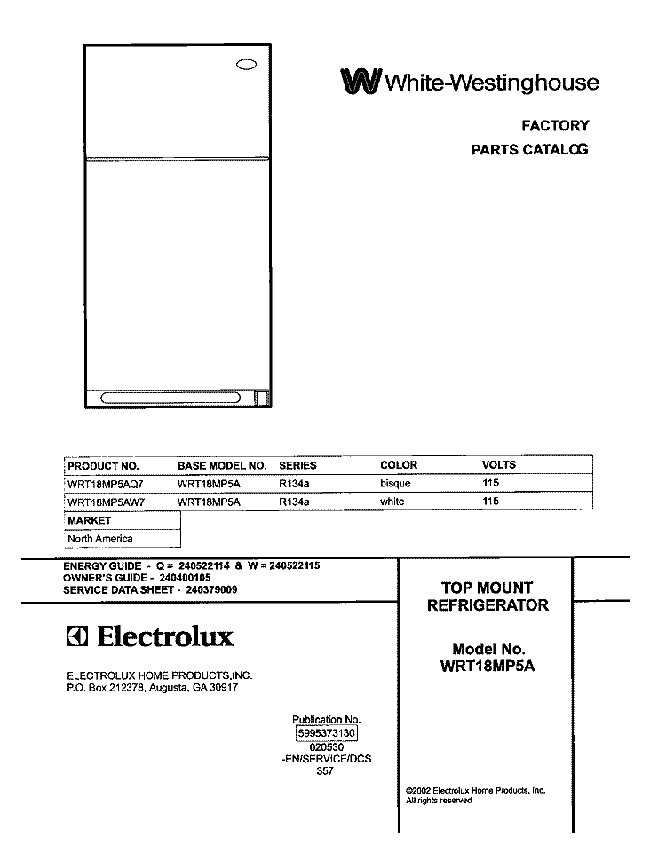 COVER Diagram and Parts List for WRT18MP5AQ7  Westinghouse Refrigerator