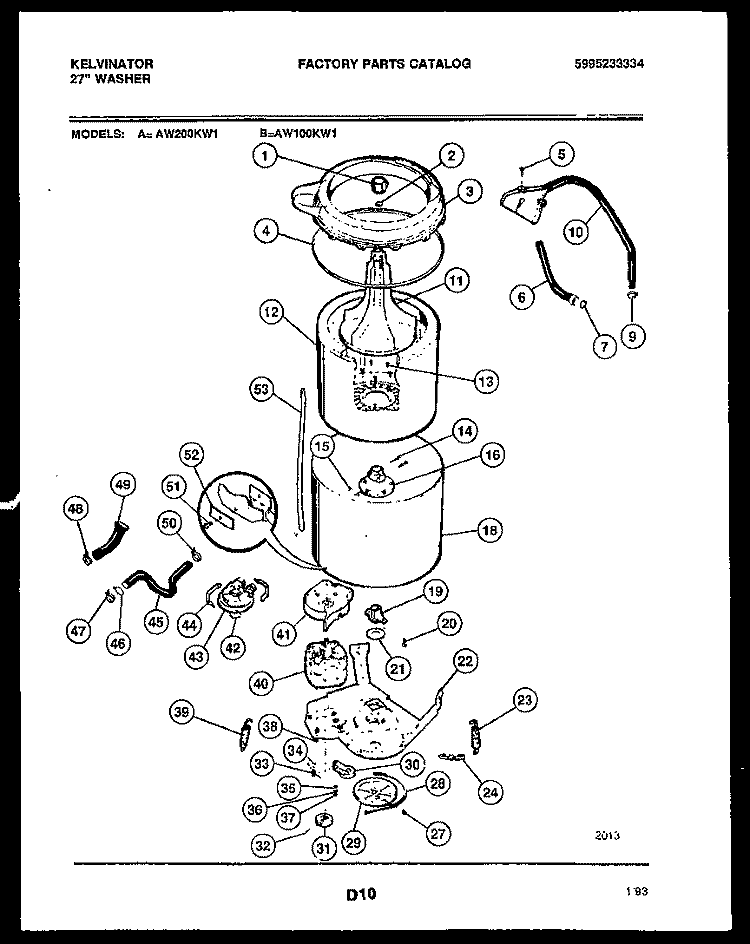 TUB DETAIL Diagram and Parts List for AW100KD1  Kelvinator Washer
