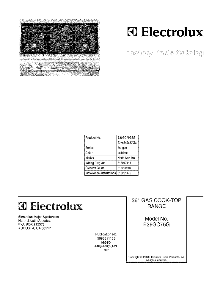 COVER Diagram and Parts List for E36GC75GSS1  Electrolux Cooktop