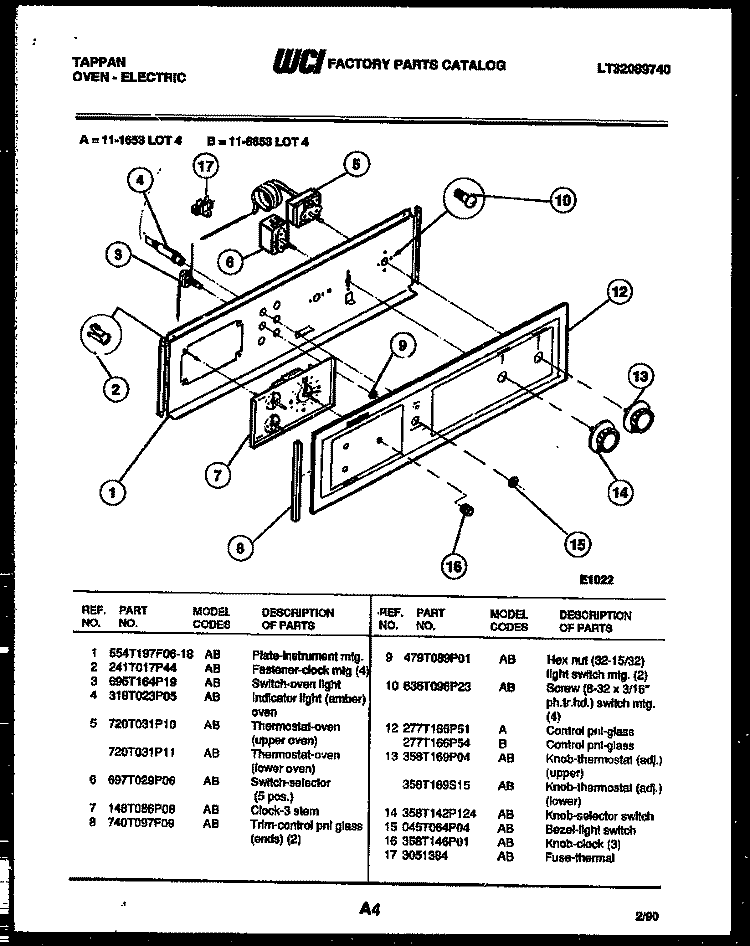 CONTROL PANEL Diagram and Parts List for 11-6653-00-04  Tappan Wall Oven