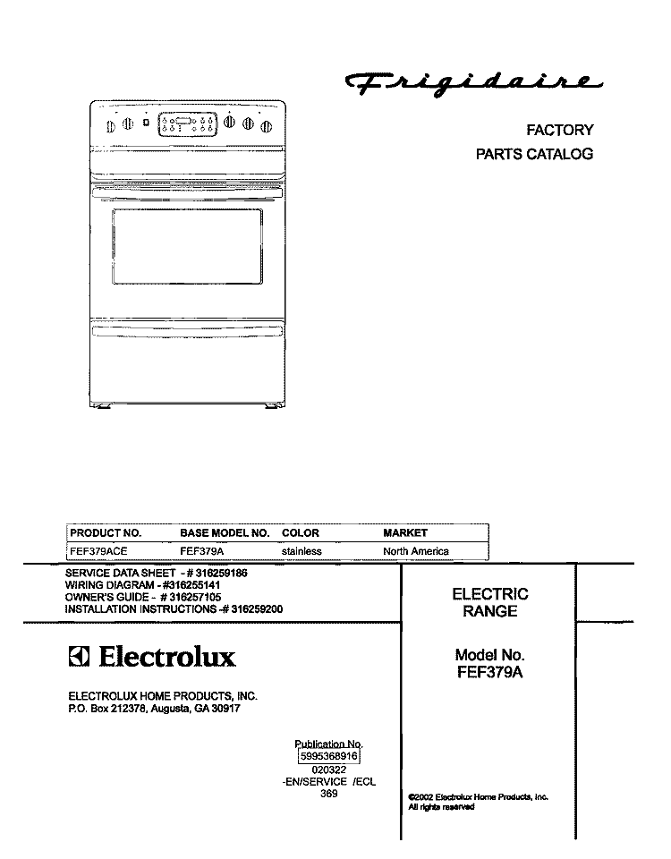 COVER Diagram and Parts List for FEF379ACE  Frigidaire Range