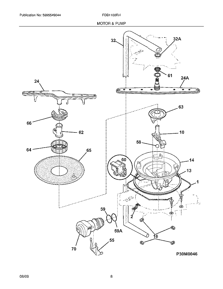 MOTOR & PUMP Diagram and Parts List for FDB1100RHQ2  Frigidaire Dishwasher