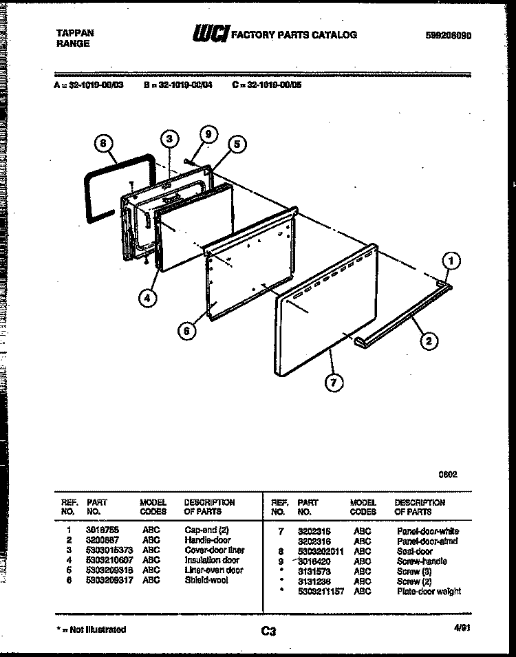DOOR PARTS Diagram and Parts List for 32-1019-00-03  Tappan Range