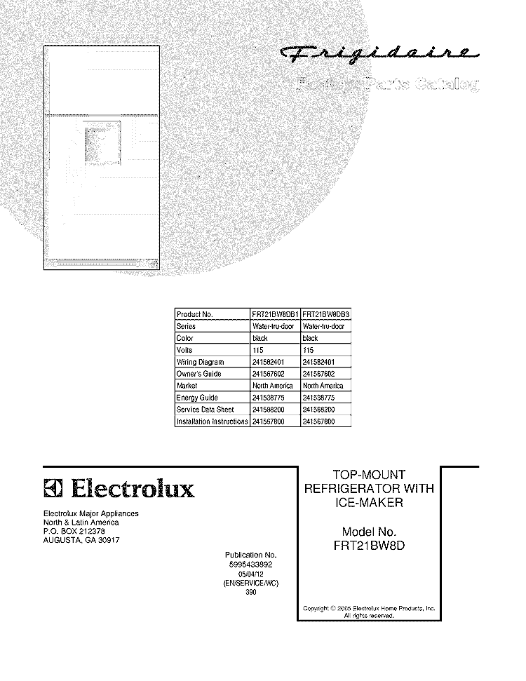 COVER Diagram and Parts List for FRT21BW8DB3  Frigidaire Refrigerator