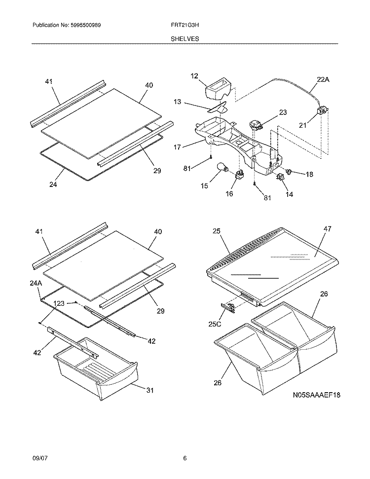 SHELVES Diagram and Parts List for FRT21G3HQ0  Frigidaire Refrigerator