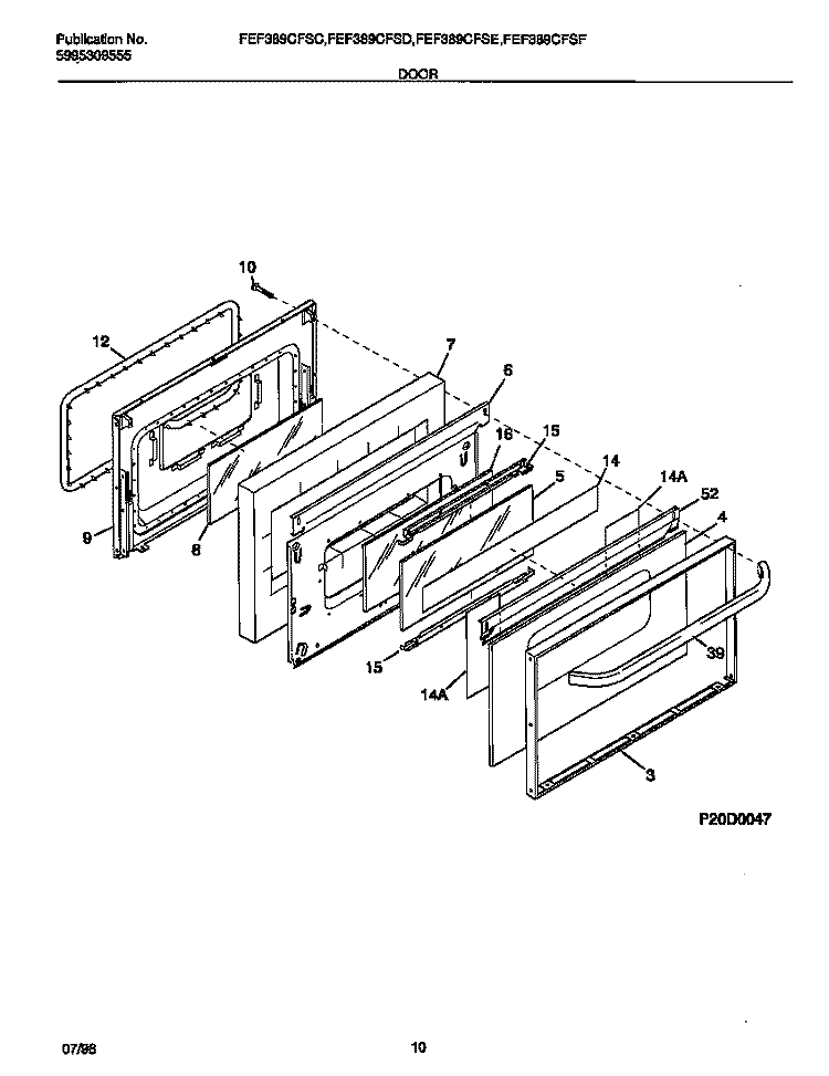 DOOR Diagram and Parts List for FEF389CFSD  Frigidaire Range