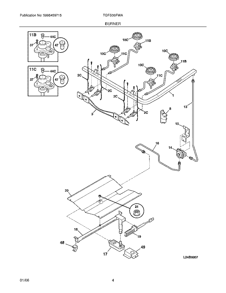 BURNER Diagram and Parts List for TGFS36FWA  Tappan Range