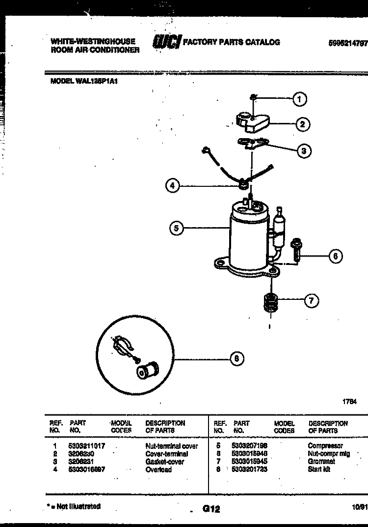 COMPRESSOR PARTS Diagram and Parts List for WAL125P1A1  Frigidaire Air Conditioner