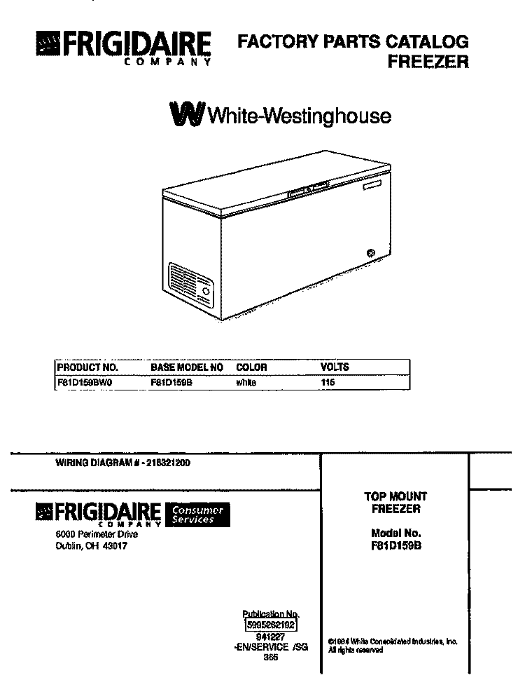 COVER Diagram and Parts List for F81D159BW0  Frigidaire Freezer