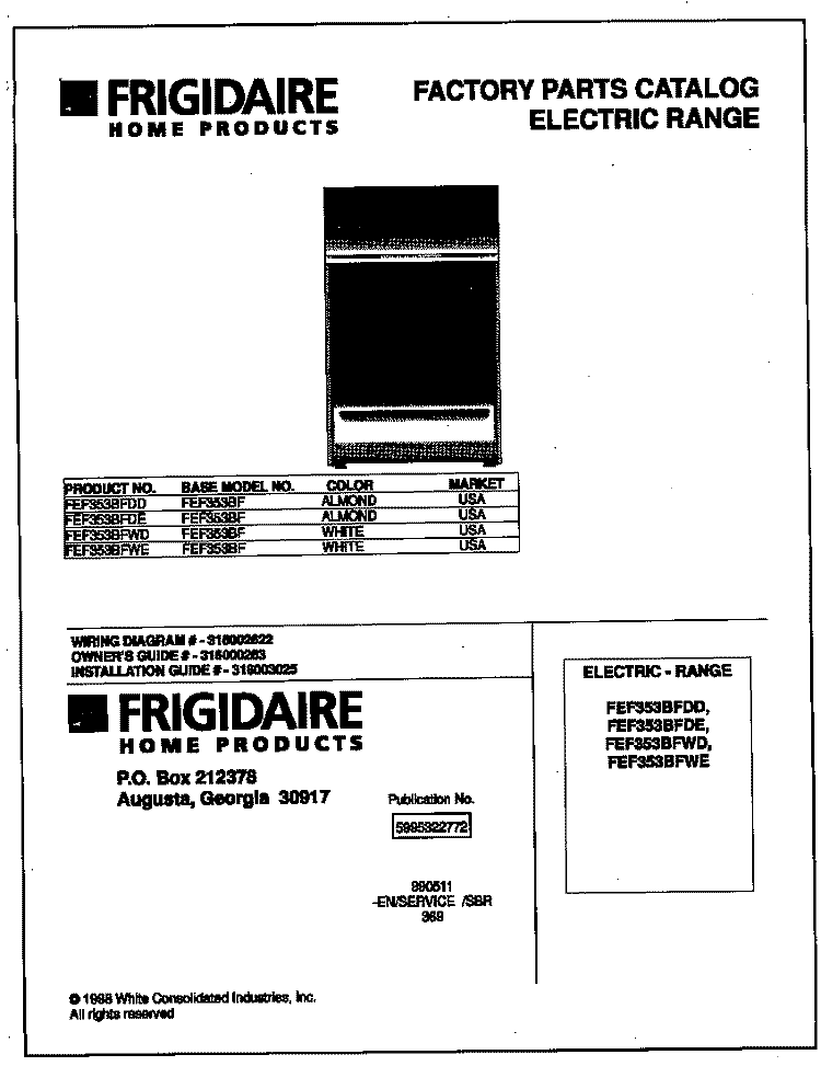 COVER Diagram and Parts List for FEF353BFDE  Frigidaire Range