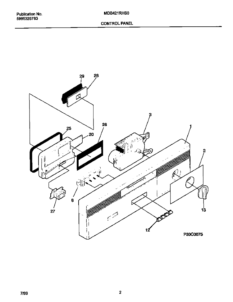CONTROL PANEL Diagram and Parts List for MDB421RHS0  Frigidaire Dishwasher