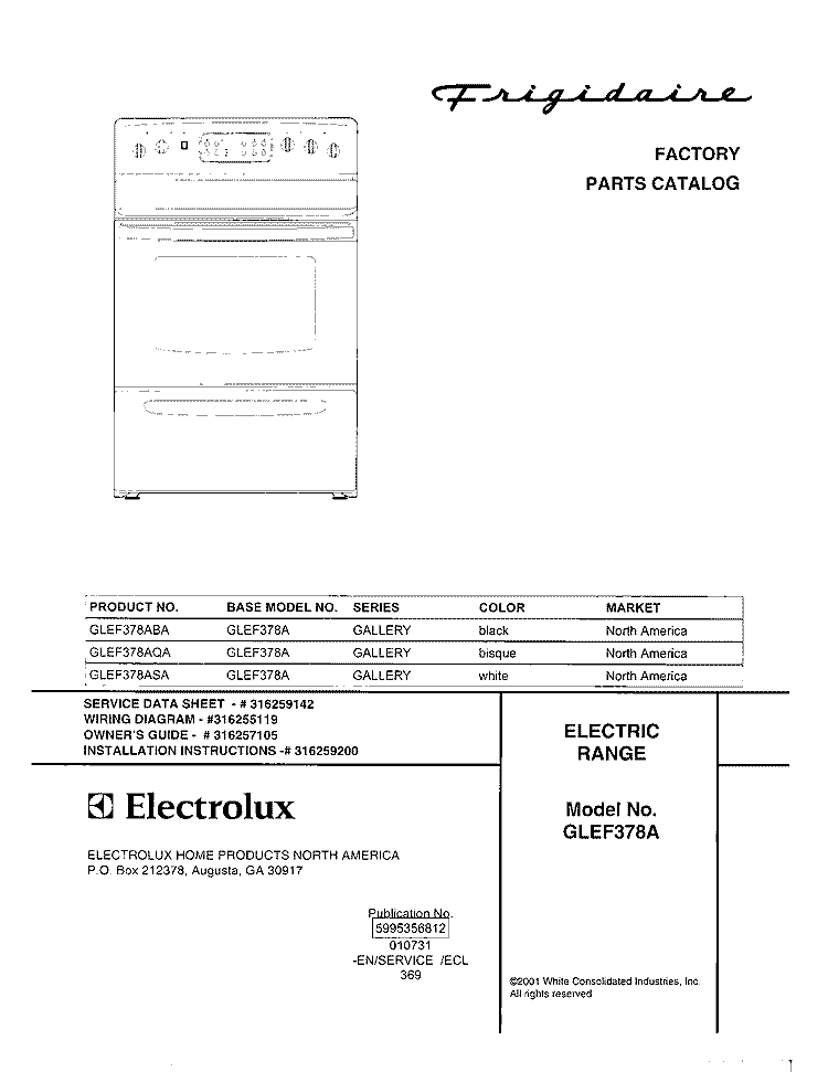 COVER Diagram and Parts List for GLEF378AQA  Frigidaire Range