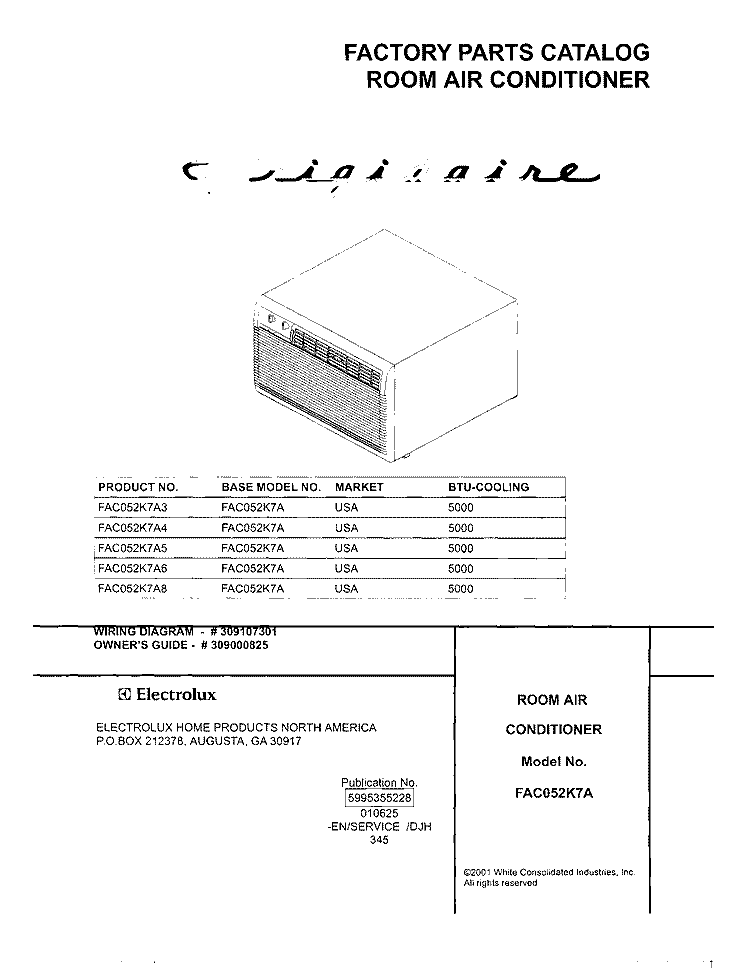 COVER Diagram and Parts List for FAC052K7A8  Frigidaire Air Conditioner