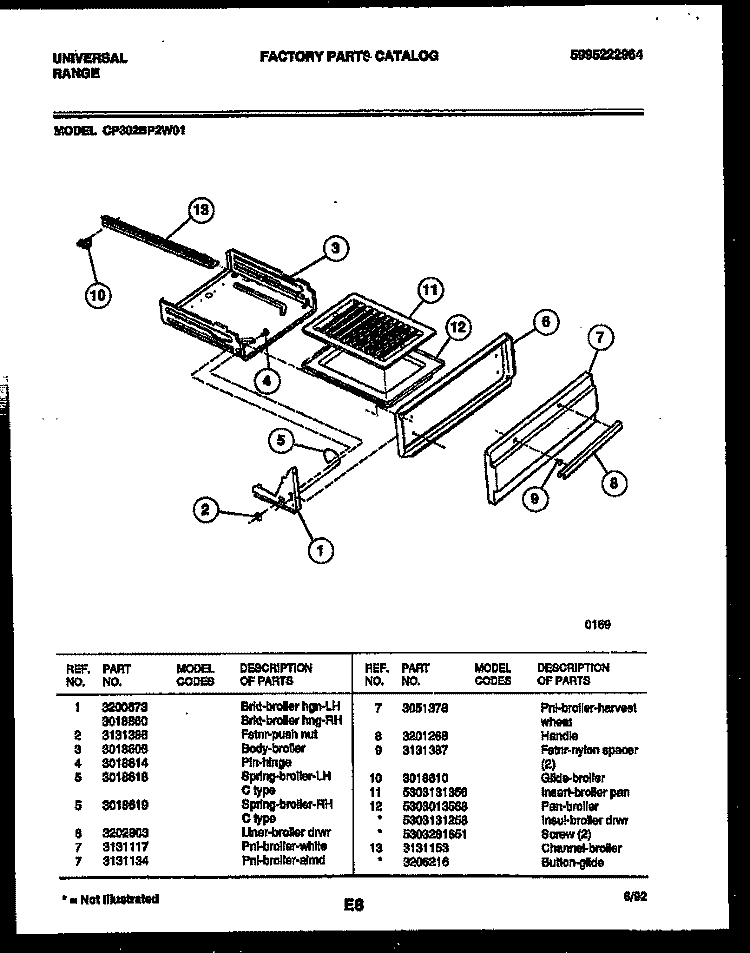 BROILER DRAWER PARTS Diagram and Parts List for CP302BP2W1  Frigidaire Range