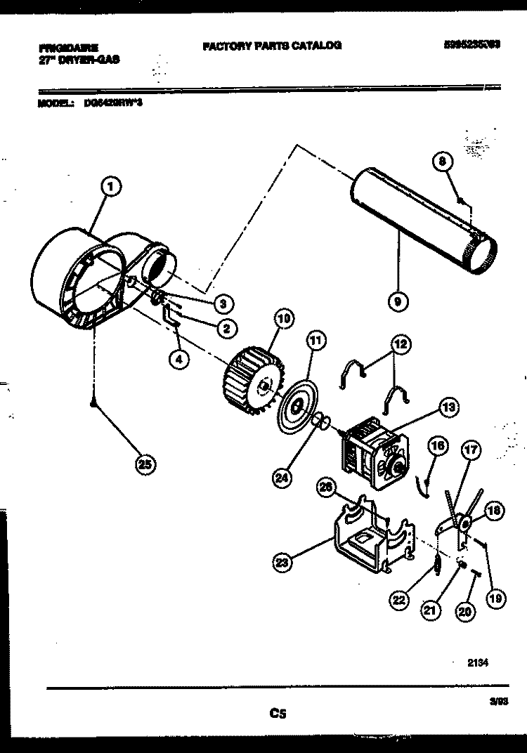 BLOWER AND DRIVE PARTS Diagram and Parts List for DG6420RW3  Frigidaire Dryer