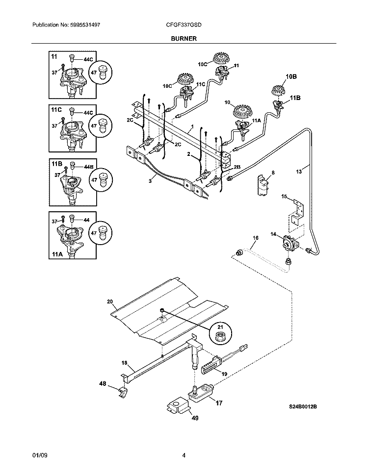 BURNER Diagram and Parts List for CFGF337GSD  Frigidaire Range