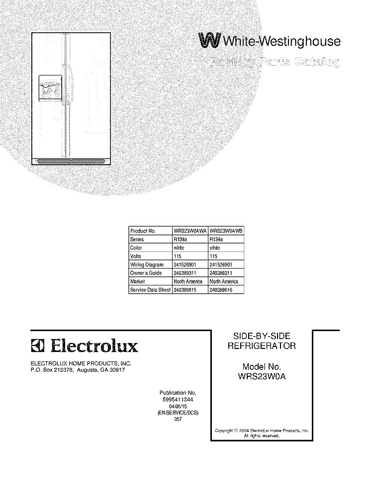 COVER Diagram and Parts List for WRS23W0AWB  Westinghouse Refrigerator