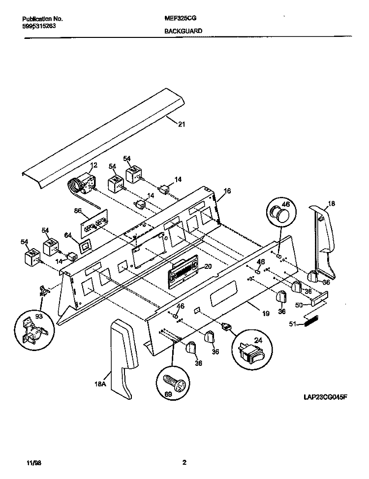 BACKGUARD Diagram and Parts List for MEF325CGS4  Frigidaire Range