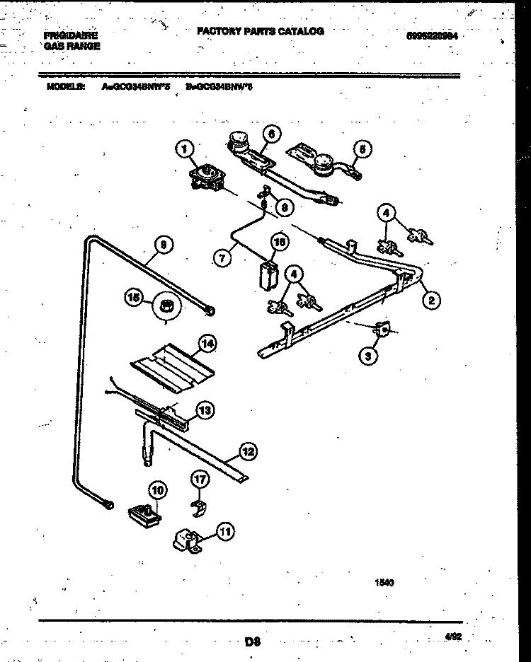 BURNER, MANIFOLD AND GAS CONTROL Diagram and Parts List for GCG34BNL6  Frigidaire Range