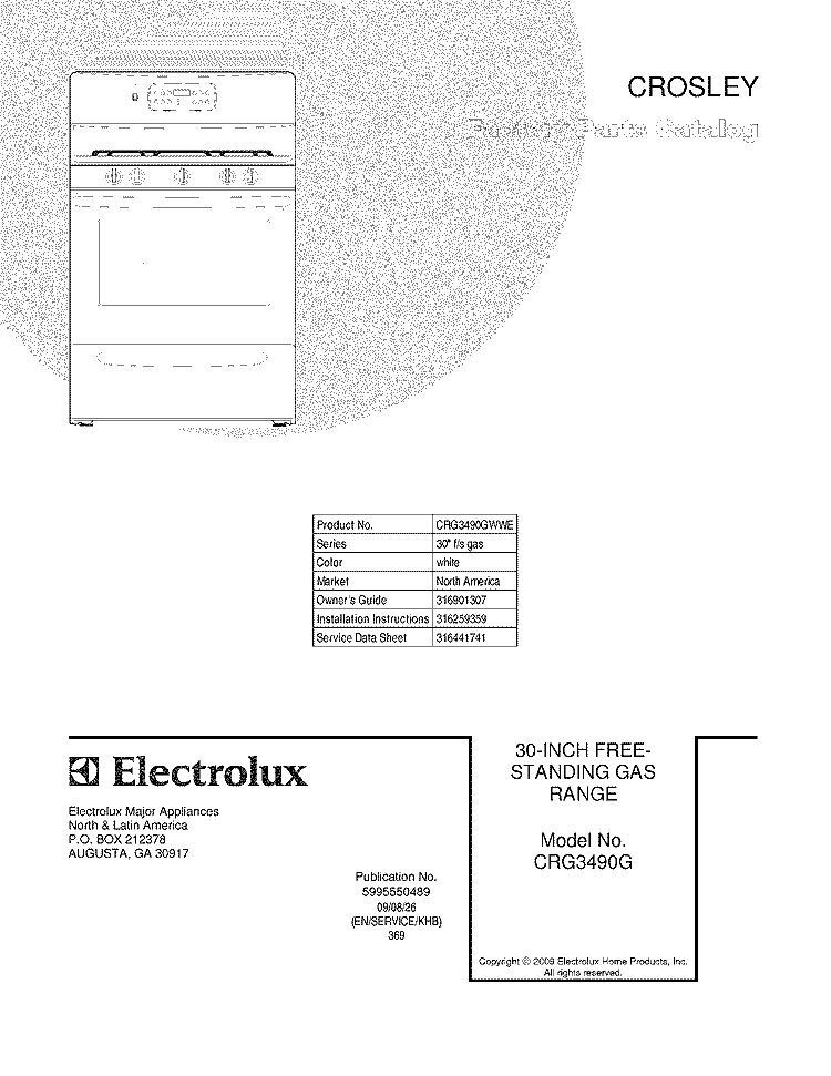 COVER Diagram and Parts List for CRG3490GWWE  Crosley Range