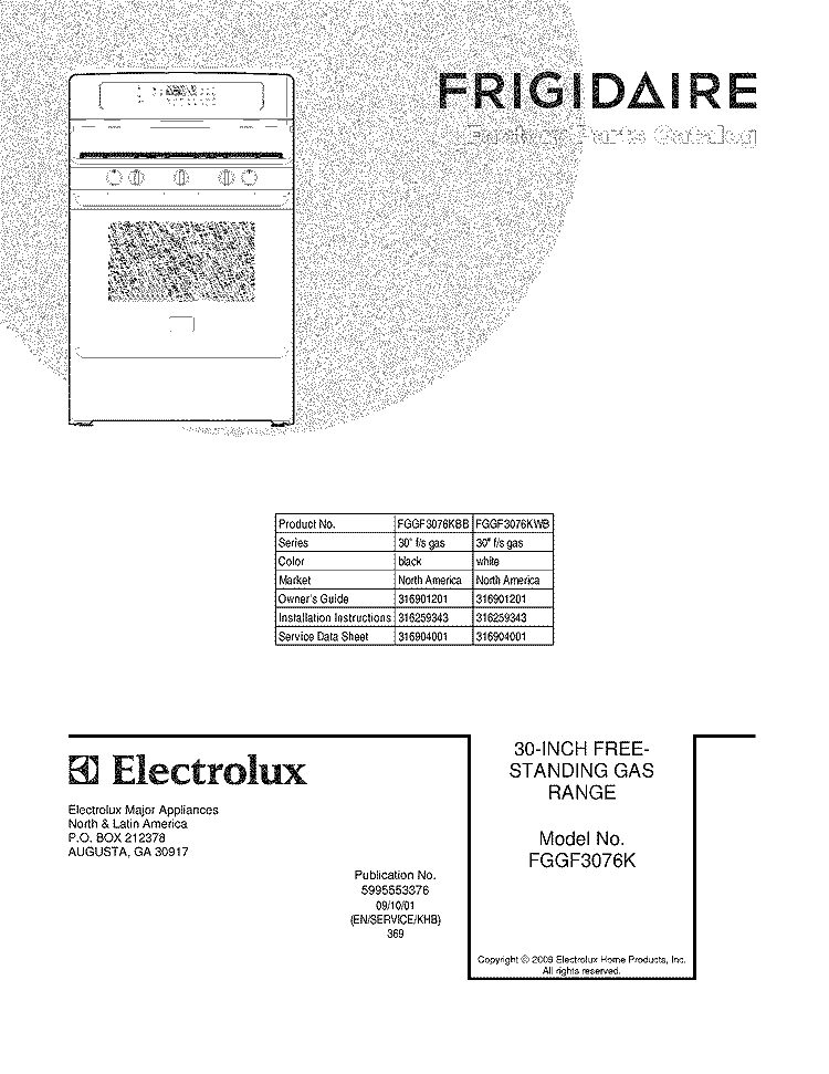 COVER Diagram and Parts List for FGGF3076KBB  Frigidaire Range