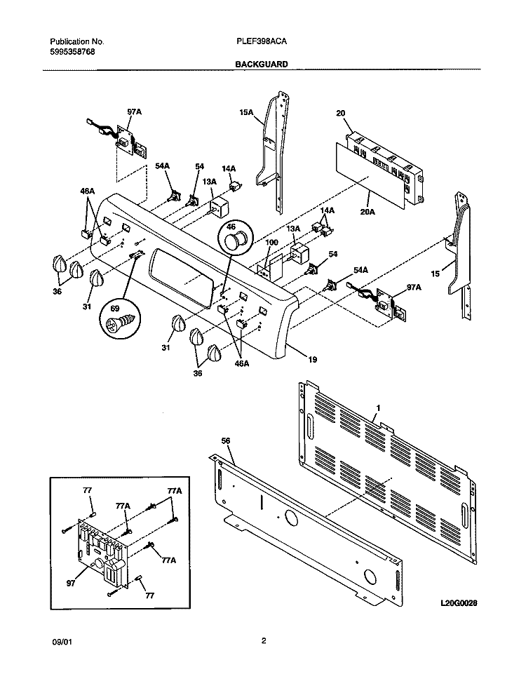 BACKGUARD Diagram and Parts List for PLEF398ACA  Frigidaire Range