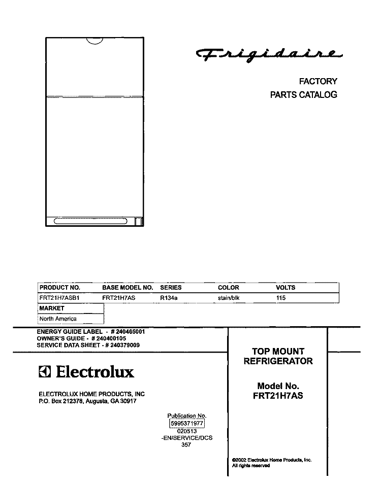 COVER Diagram and Parts List for FRT21H7ASB1  Frigidaire Refrigerator