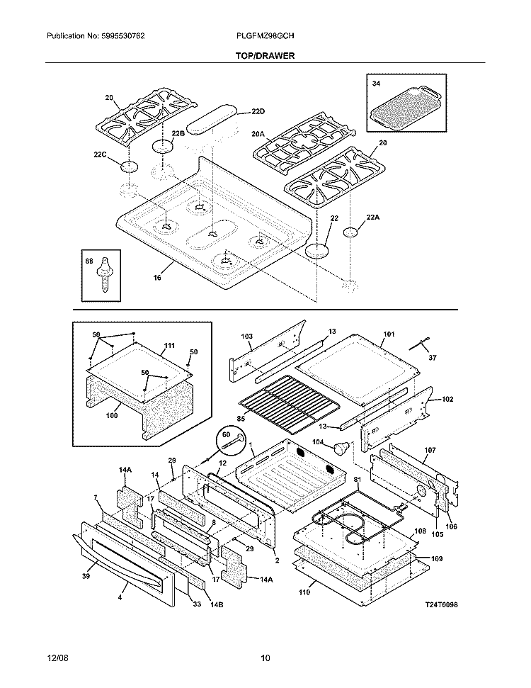 TOP/DRAWER Diagram and Parts List for PLGFMZ98GCH  Frigidaire Range
