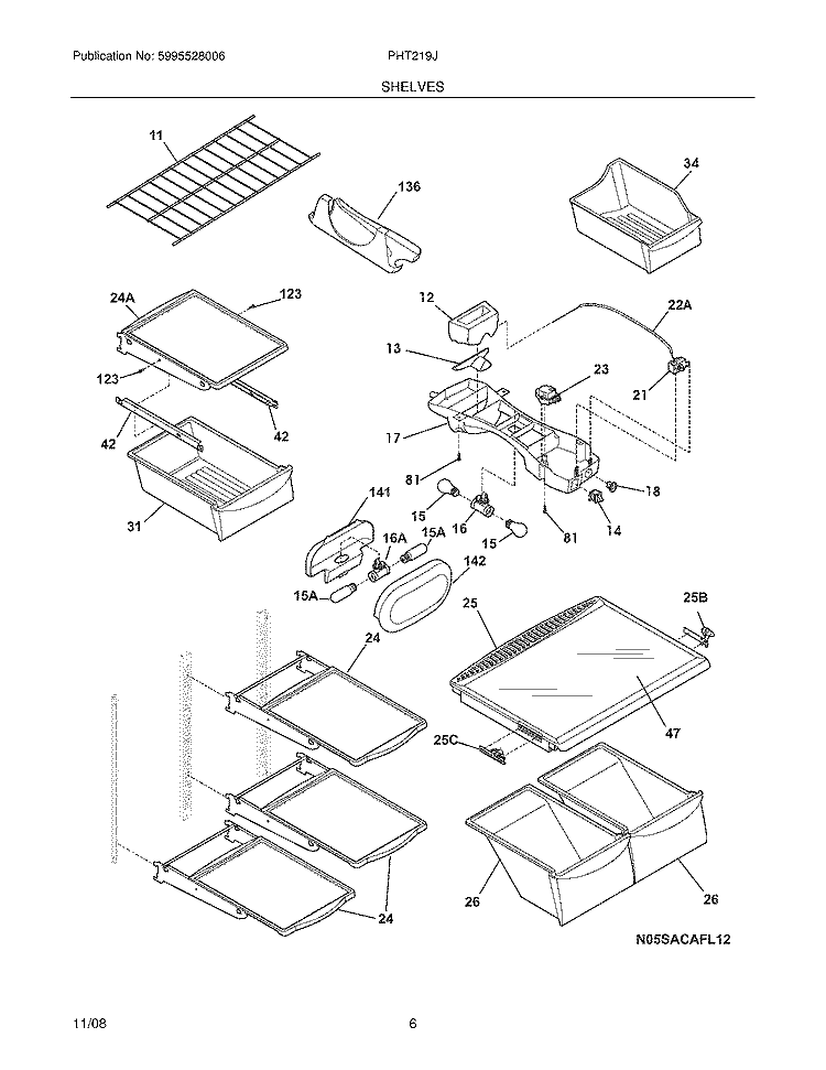 SHELVES Diagram and Parts List for PHT219JSM2  Frigidaire Refrigerator