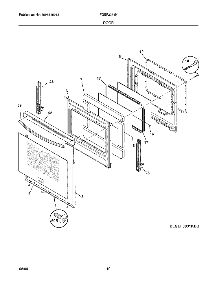 DOOR Diagram and Parts List for FGEF3031KBB  Frigidaire Range