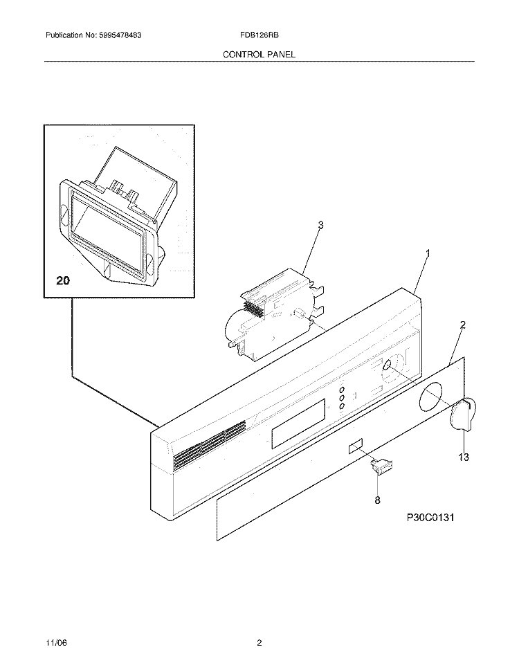 CONTROL PANEL Diagram and Parts List for FDB126RBS4  Frigidaire Dishwasher