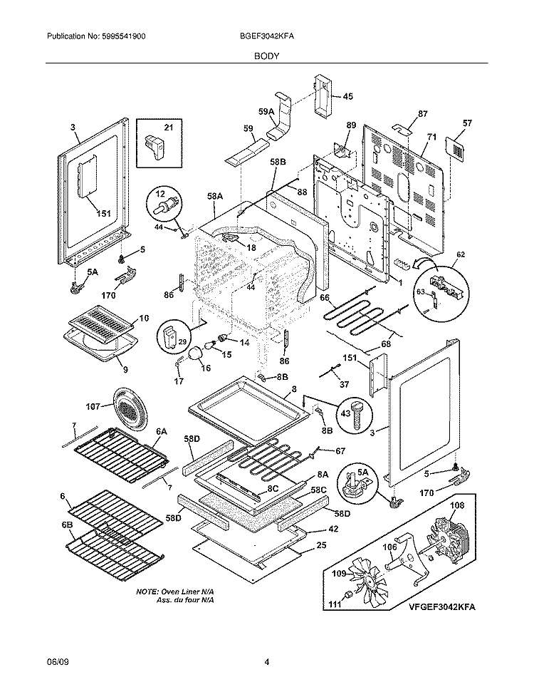 BODY Diagram and Parts List for BGEF3042KFA  Frigidaire Range