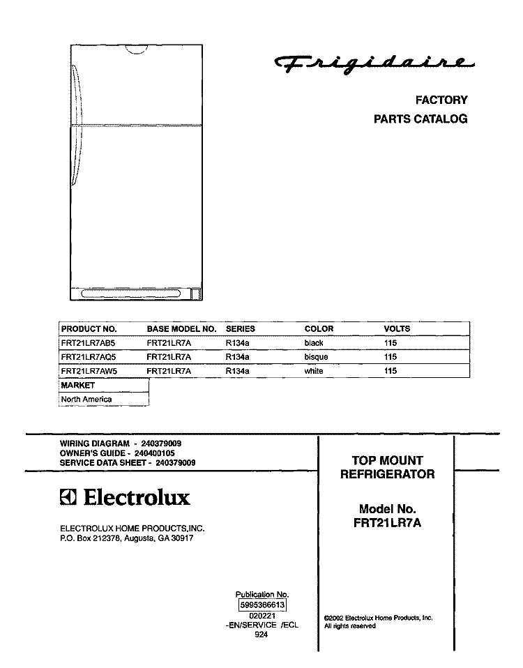 COVER Diagram and Parts List for FRT21LR7AQ5  Frigidaire Refrigerator