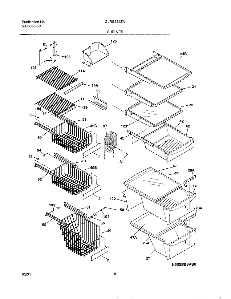 SHELVES Diagram and Parts List for GLRS234ZAW1  Frigidaire Refrigerator