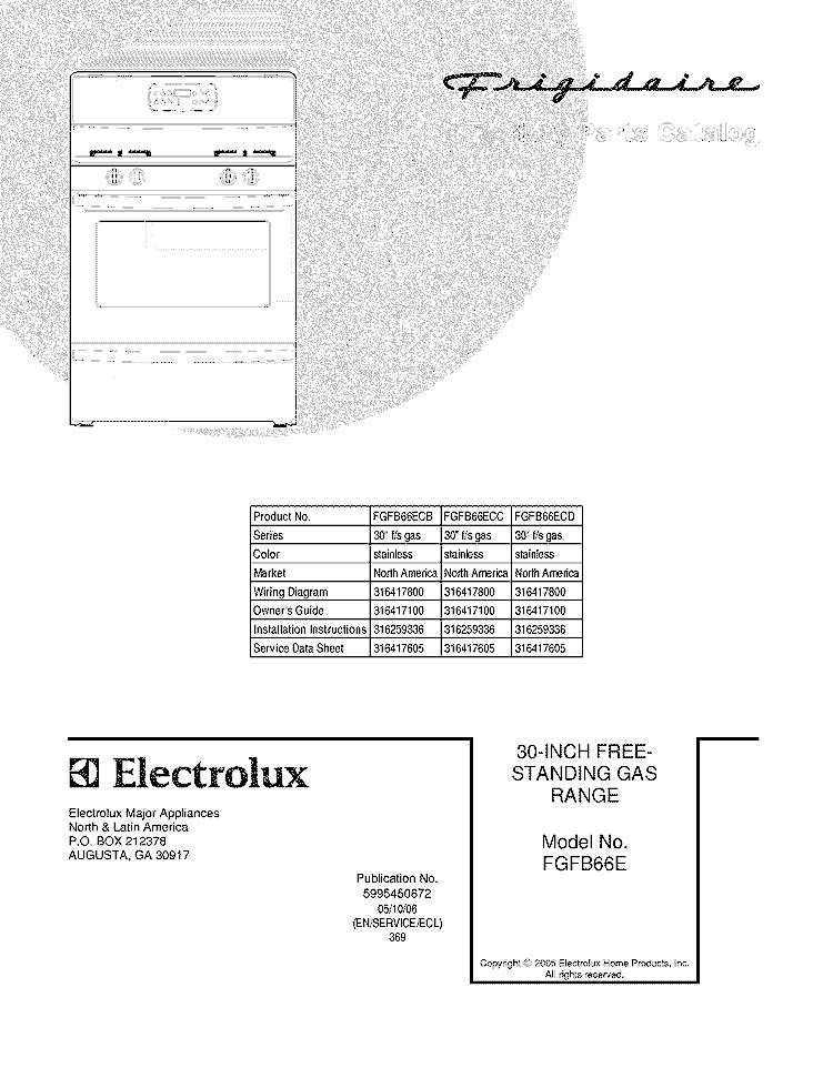 COVER Diagram and Parts List for FGFB66ECD  Frigidaire Range
