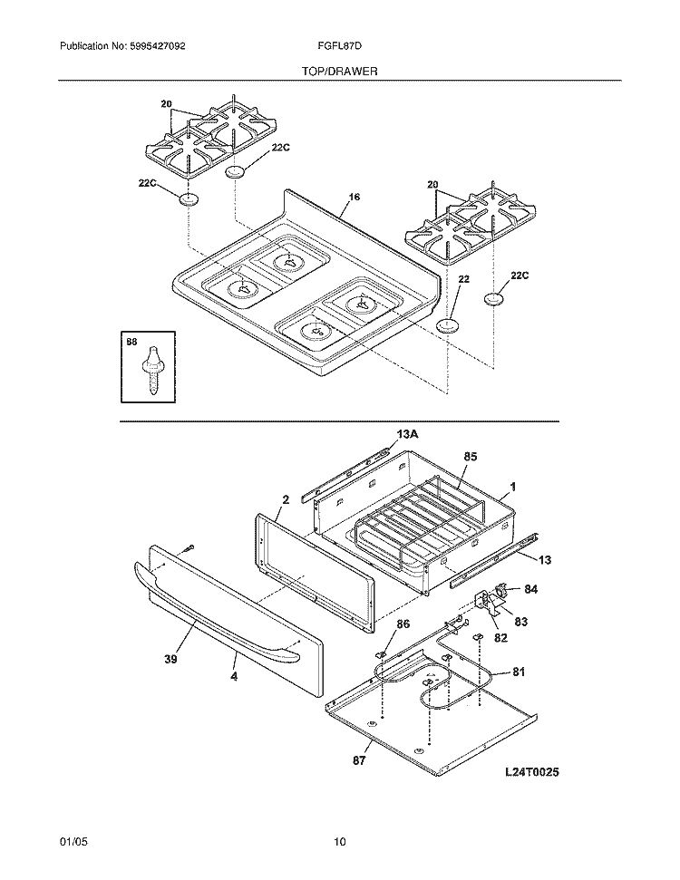 TOP / DRAWER Diagram and Parts List for FGFL87DQB  Frigidaire Range
