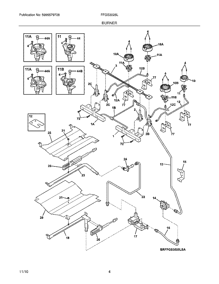 BURNER Diagram and Parts List for FFGS3025LBB  Frigidaire Range