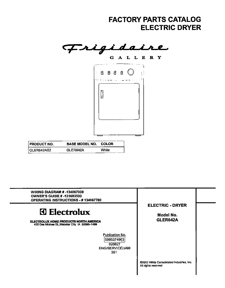 COVER Diagram and Parts List for GLER642AS2  Frigidaire Dryer