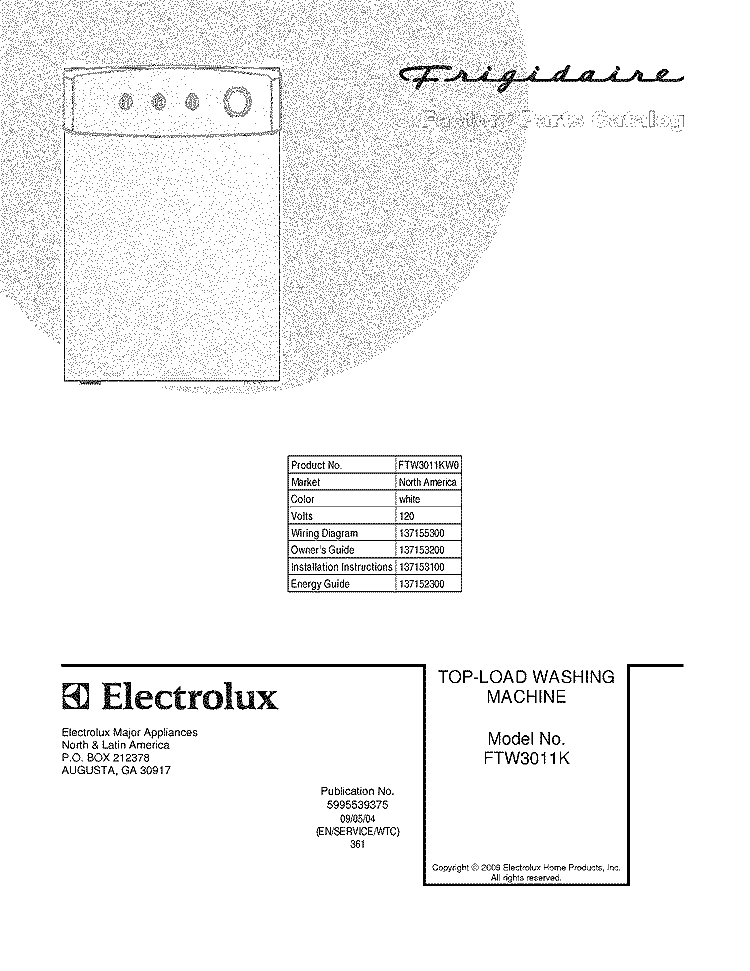 COVER Diagram and Parts List for FTW3011KW0  Frigidaire Washer